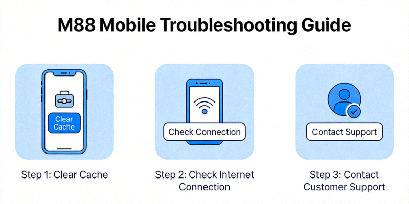 Ilustrasi langkah-langkah troubleshooting masalah M88 Mobile seperti clear cache dan cek koneksi internet