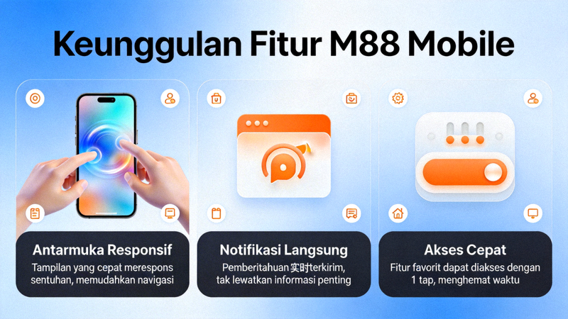 Infografis yang menunjukkan keunggulan fitur M88 Mobile seperti antarmuka responsif, notifikasi langsung, dan akses cepat